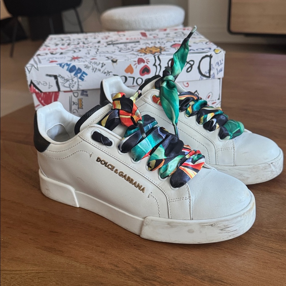 Dolce & Gabbana White Sneakers with Multicolor Scarf Laces